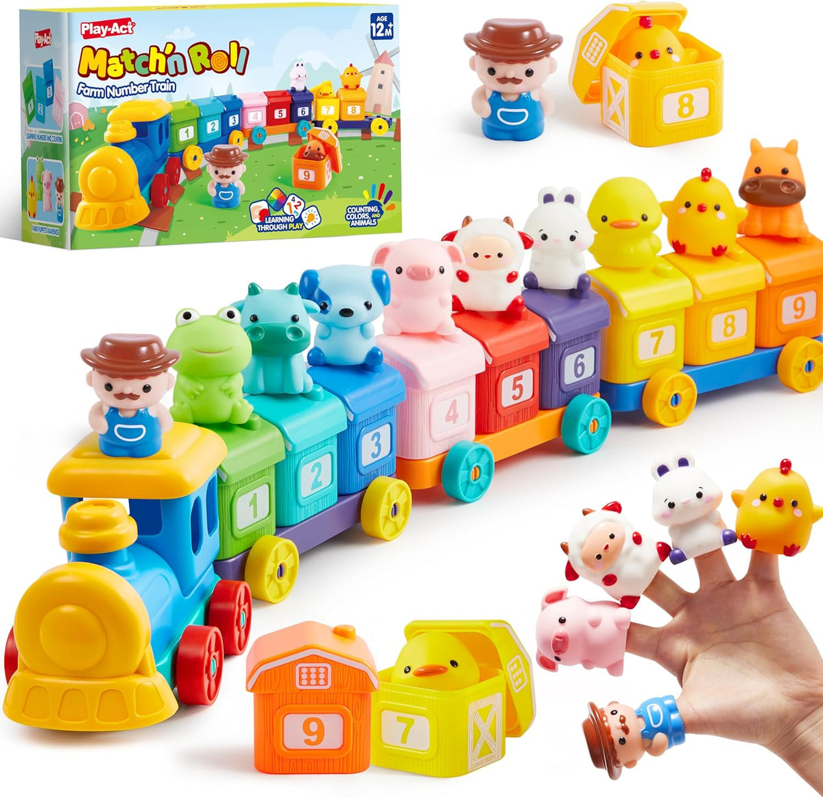 Play-Act Learning Toys for 1 2 3 Years Old, Counting, Matching & Sorting Montessori Learning Farm Train Including 9 Farm Animals, Birthday Gift for Baby Boys Girls