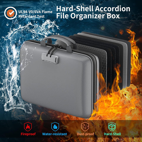 DocSafe Fireproof File Organizer with Lock, Hard-Shell Case Fireproof Document Box with 13 Pocket Accordion File Folder, Portable Home Office Travel Safe Storage for Important Documents Laptop Gray