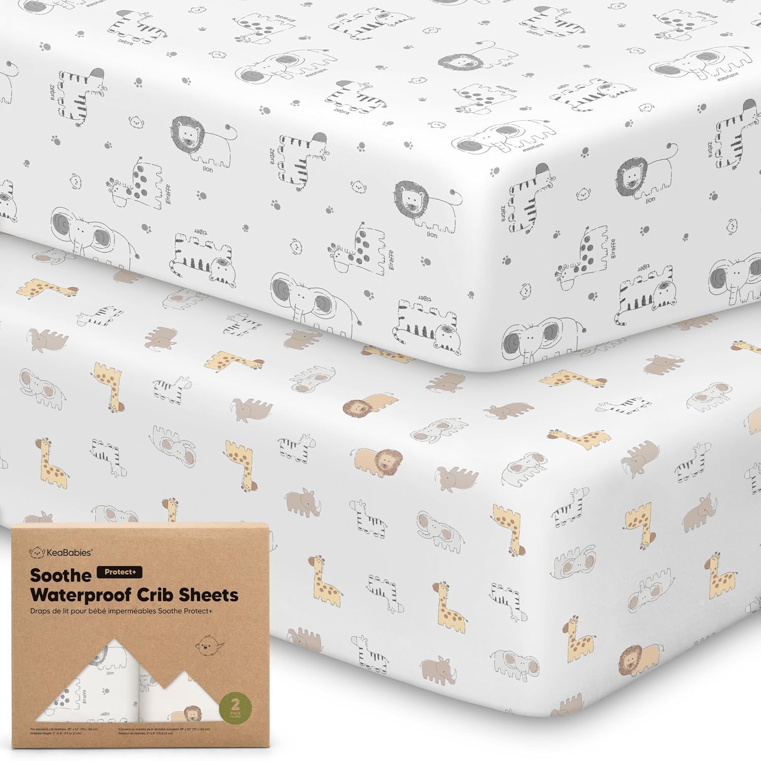 2-Pack Waterproof Crib Sheets for Boys, Girls, 52x28 Fitted (KeaSafari)