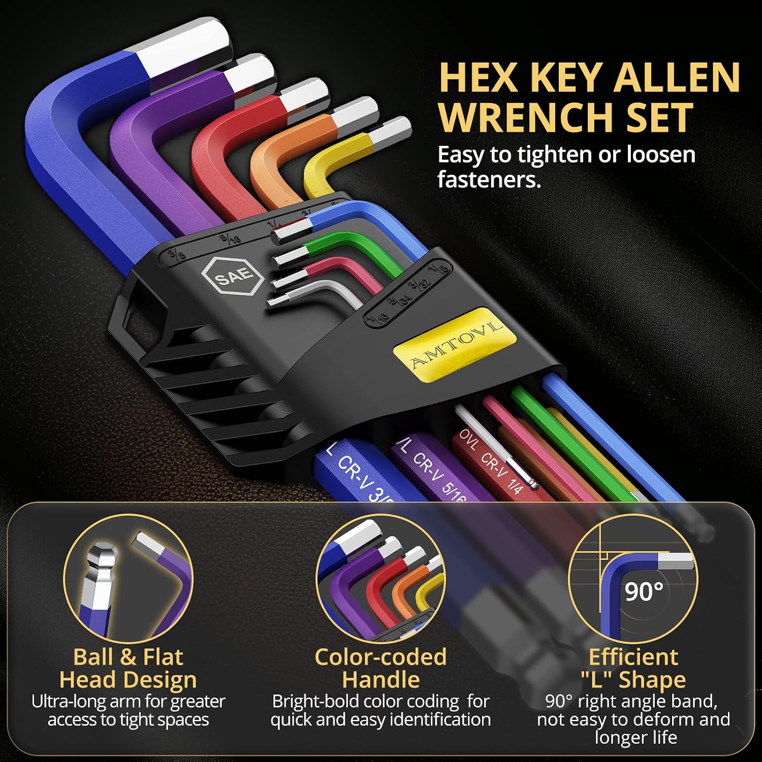 AMTOVL Hex Key Set, 9PCS Imperial Allen Key Set, 1/16-3/8Inch,Long Ball End