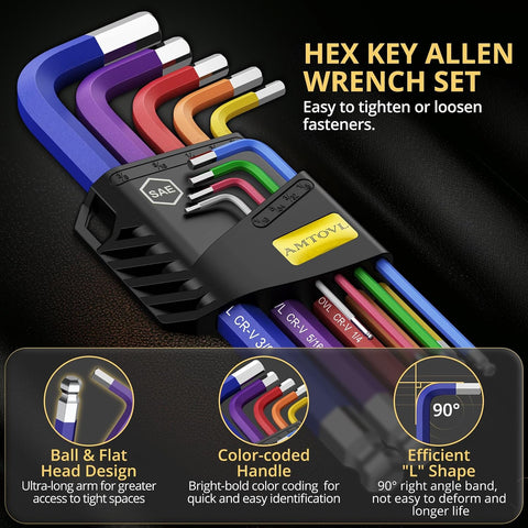 AMTOVL Hex Key Set, 9PCS Imperial Allen Key Set, 1/16-3/8Inch,Long Ball End