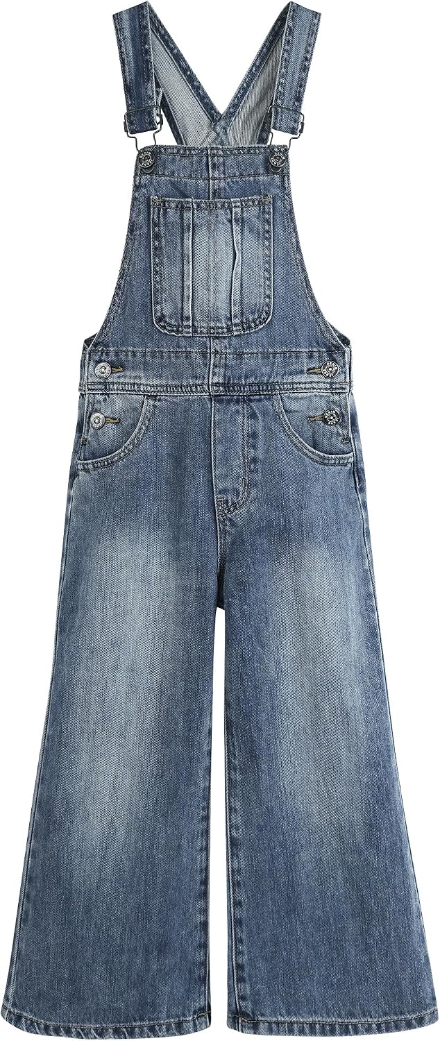 KIDSCOOL Girls Denim Overalls, Little Big Wide-Leg Jean Dungarees Pants