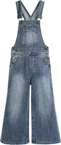 KIDSCOOL Girls Denim Overalls, Little Big Wide-Leg Jean Dungarees Pants