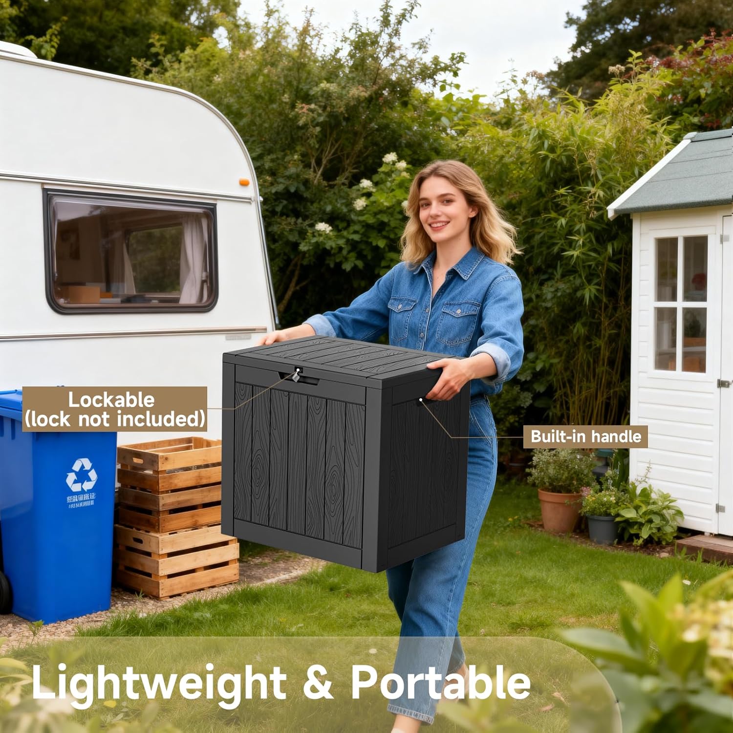 35 Gallon Outdoor Deck Box Lockable Waterproof Storage Black