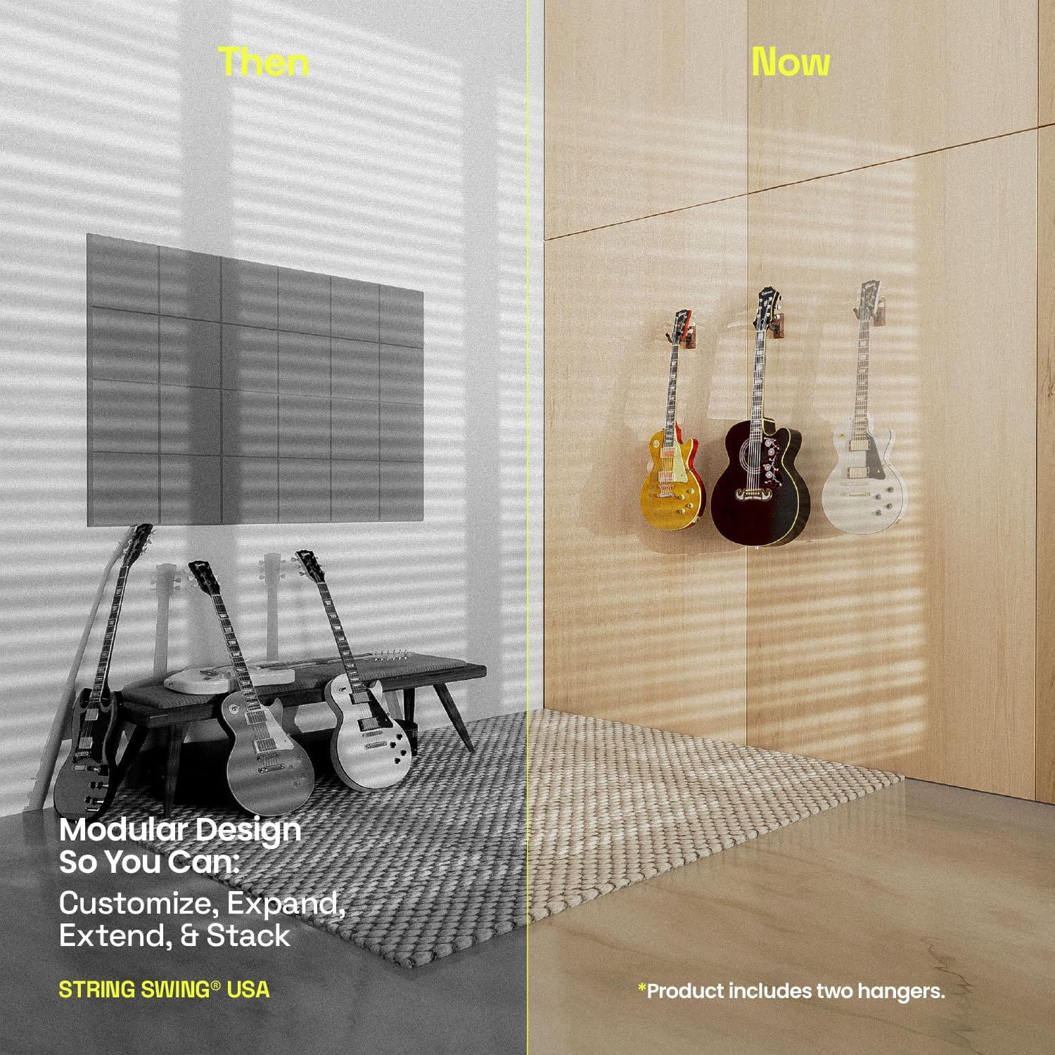 String Swing Guitar Hanger - Holder for Electric Acoustic and Bass Guitars - Stand Accessories Home or Studio Wall - Musical Instruments Safe without Hard Cases - Black Walnut Hardwood CC01K-BW 2-Pack