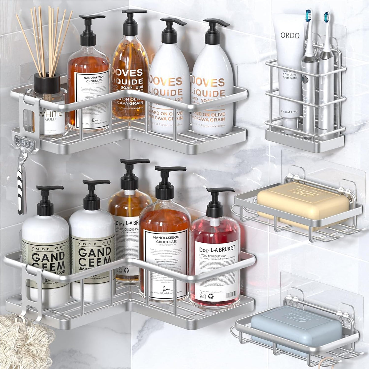 YASONIC Corner Shower Caddy Adhesive, 100% Rustproof Shower Organizer with Soap and Troothbrush Holder, No Drill Shower Shelf for Inside Shower, Wall-Mounted Shower Storage for Homes (5 Pack, Silver)