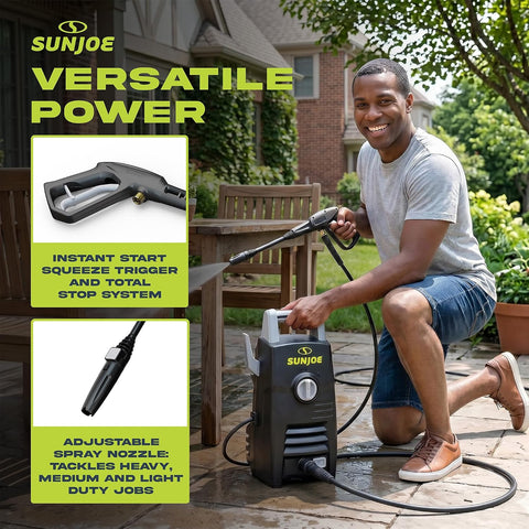 Sun Joe Electric Pressure Washer with Powerful Motor for Cars/Fences/Patios/All Uses, Safety First GFCI Power Cord, Adjustable Spray Wand & Total Stop System, 20-Foot Hose, Black, SPX205E-XT