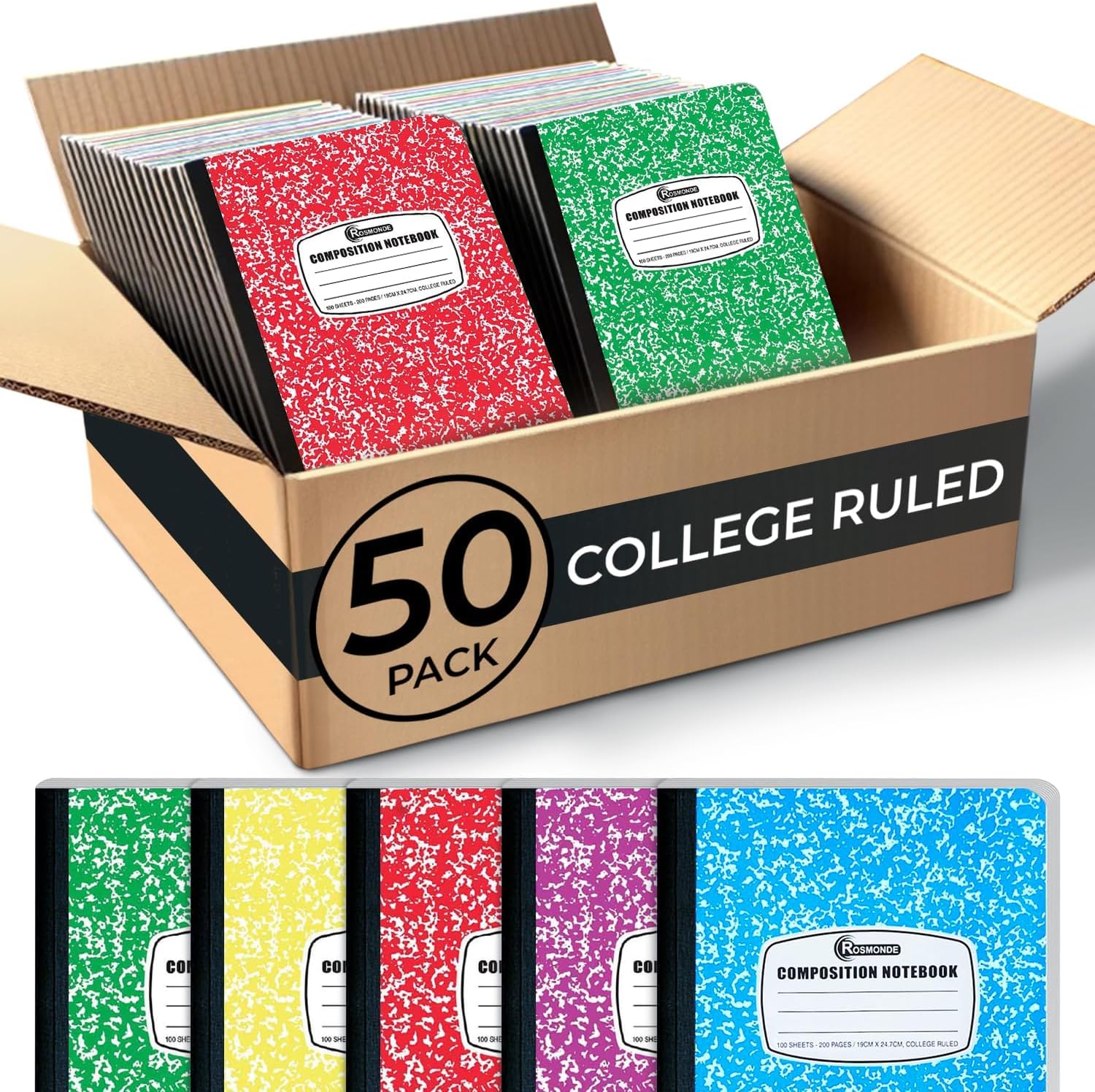 Rosmonde 50 Pack Bulk Composition Notebooks, College Ruled, Bulk Notebooks