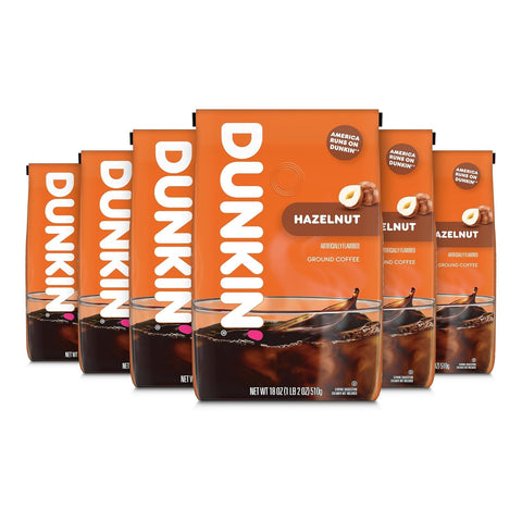 Dunkin' Hazelnut Flavored Medium Roast Ground Coffee, 18 oz Bags (6 Pack)