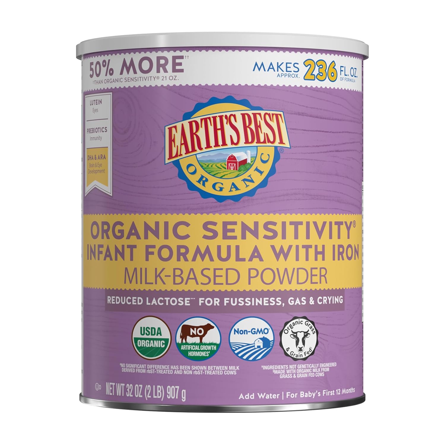 Earth's Best Organic Sensitivity Infant Formula for Babies 0-12 Months, Reduced Lactose Powder Formula with Iron, Omega-3 DHA, and Omega-6 ARA, 32 Ounce Value Container