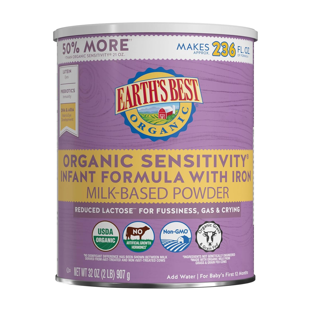 Earth's Best Organic Sensitivity Infant Formula for Babies 0-12 Months, Reduced Lactose Powder Formula with Iron, Omega-3 DHA, and Omega-6 ARA, 32 Ounce Value Container