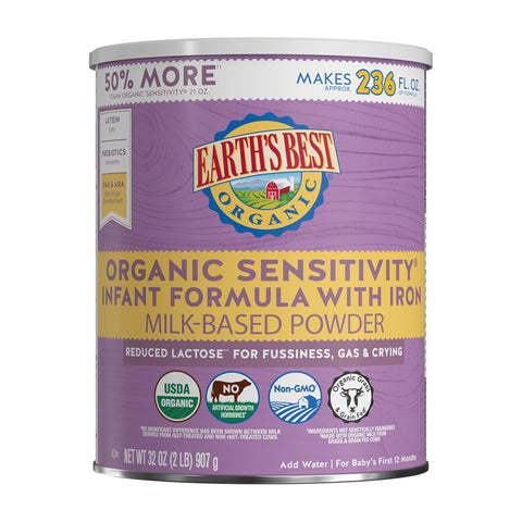 Earth's Best Organic Sensitivity Infant Formula for Babies 0-12 Months, Reduced Lactose Powder Formula with Iron, Omega-3 DHA, and Omega-6 ARA, 32 Ounce Value Container