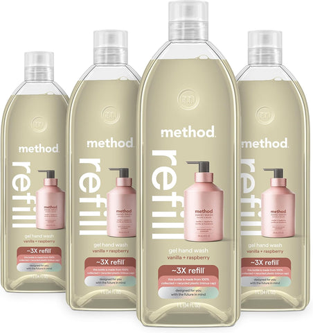 Method Premium Gel Hand Soap Refill, Vanilla + Raspberry, Recyclable Bottle, 34 fl oz (Pack of 4) (Packaging May Vary) | Refills Up to 3X, Hydrates and Softens Skin, Designed for Gentle Everyday Cleansing