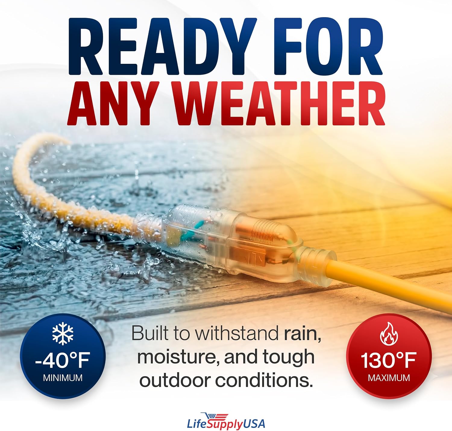 50ft Outdoor/Indoor Extension Cord 10/3 Gauge Ultra Heavy Duty 3 Prong SJTW, Waterproof, Flexible Cold-Resistant Long Power Cord,15A 125V 1875W, Yellow by LifeSupplyUSA