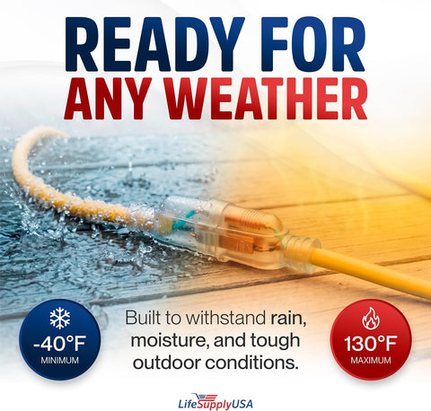 50ft Outdoor/Indoor Extension Cord 10/3 Gauge Ultra Heavy Duty 3 Prong SJTW, Waterproof, Flexible Cold-Resistant Long Power Cord,15A 125V 1875W, Yellow by LifeSupplyUSA