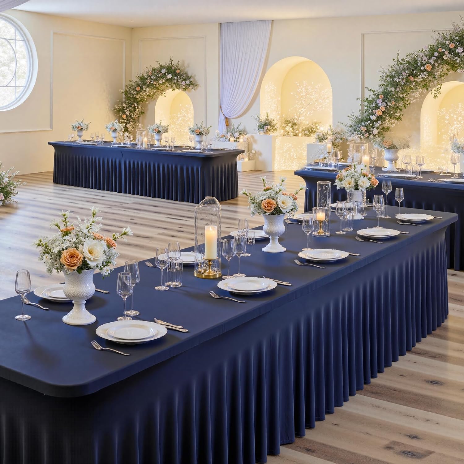 2 Pack Navy Blue Spandex Tablecloths for 8 Foot Rectangle Tables, Wrinkle Free Fitted Table Cloths 8ft Stretchy Table Cloth Covers with Skirt for Parties Weddings Birthday Banquet Baby Shower