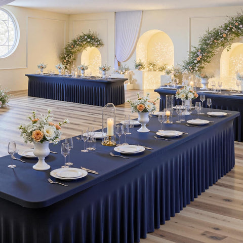 2 Pack Navy Blue Spandex Tablecloths for 8 Foot Rectangle Tables, Wrinkle Free Fitted Table Cloths 8ft Stretchy Table Cloth Covers with Skirt for Parties Weddings Birthday Banquet Baby Shower