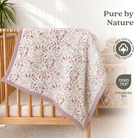 Mouliss Muslin Baby Blanket, Cable Knit, 41x30 in, Dusty Rose Leaves