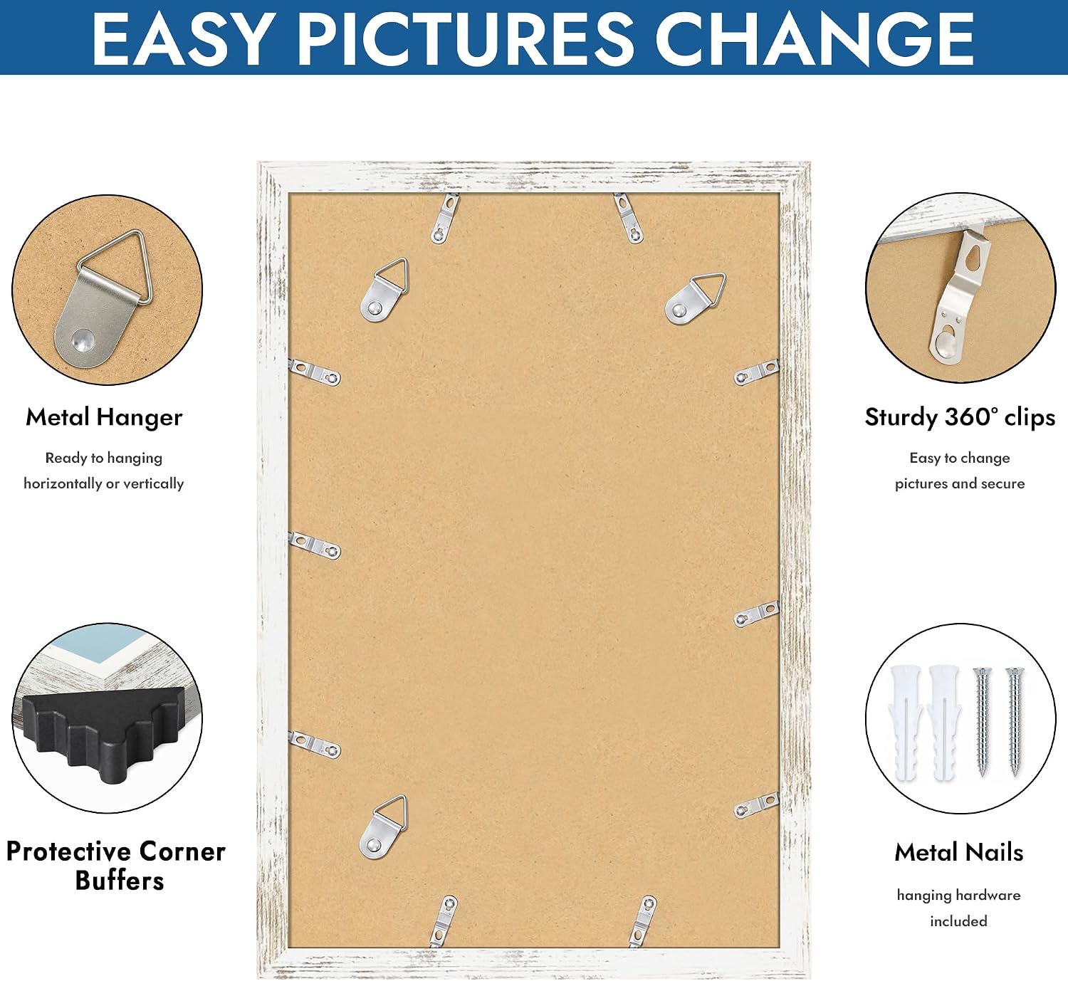 Hongkee 11x17 Picture Frame Set of 4, 11x17 Distressed White Wood, Mat 8x12