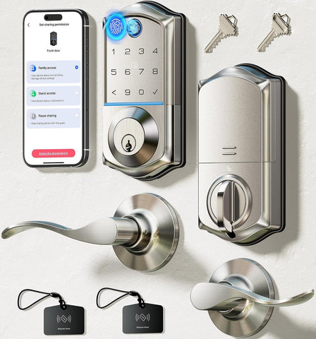 Veise VE017-L Fingerprint Smart Lock with 2 Lever Handle Set, Satin Nickel