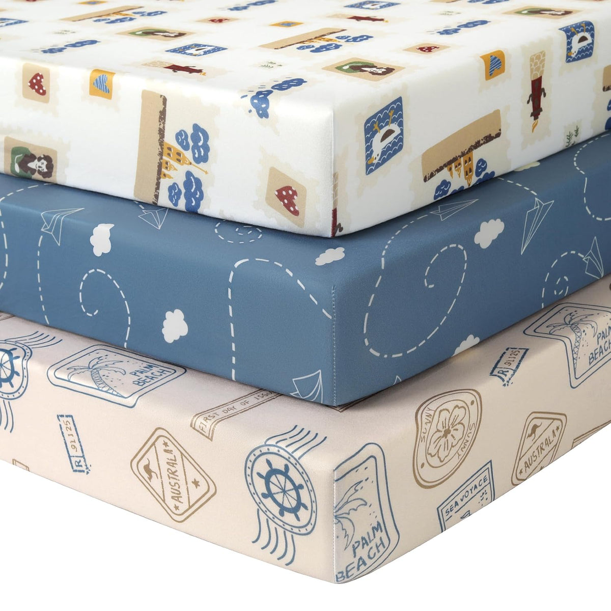 Baby Mini Crib Sheets Boy, Portable 38”x26” Pack and Play Sheets Fitted for Playard and Pack N Play Mattress, 3-Pack Soft Microfiber Blue Brown Stamp