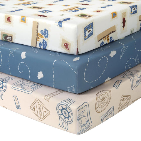 Baby Mini Crib Sheets Boy, Portable 38”x26” Pack and Play Sheets Fitted for Playard and Pack N Play Mattress, 3-Pack Soft Microfiber Blue Brown Stamp