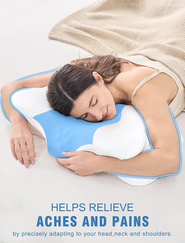 DISSA Cervical Neck Pillow for Side Sleepers Ergonomic Contour Memory Foam Pillow with Adjustable Orthopedic Neck Support for Pain Relief - Gift for Christmas & Birthdays - Blue
