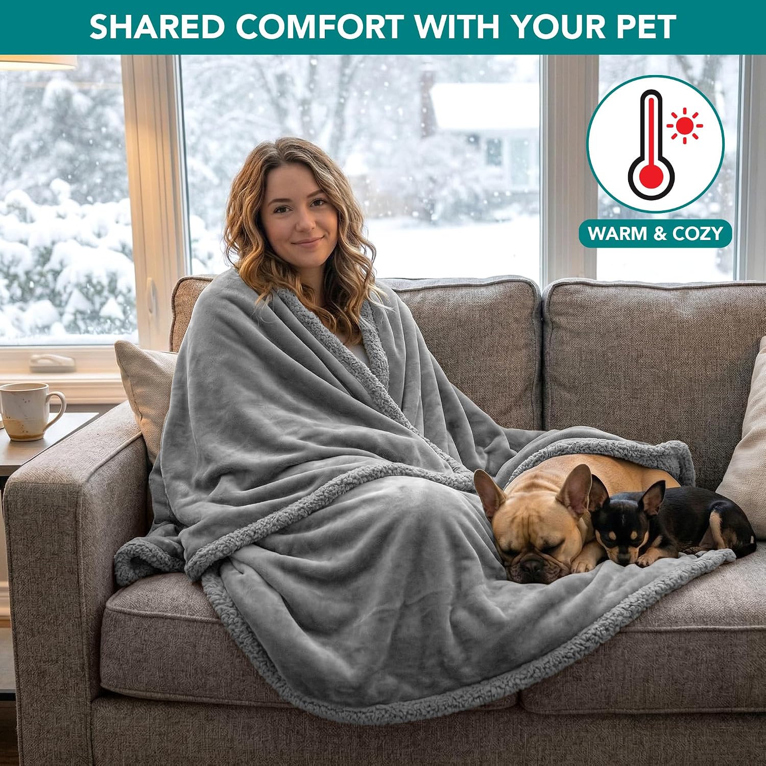 PetAmi Waterproof Dog Blanket for Large Dog Pet, 90x90 Queen, Light Grey