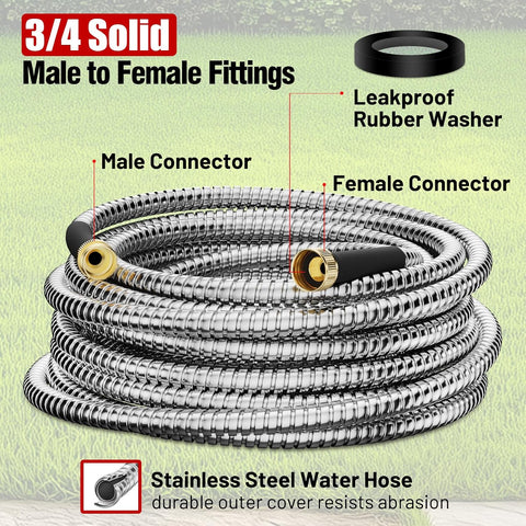 Beitopamz Metal Garden Hose 25 ft with Nozzle, Stainless Steel