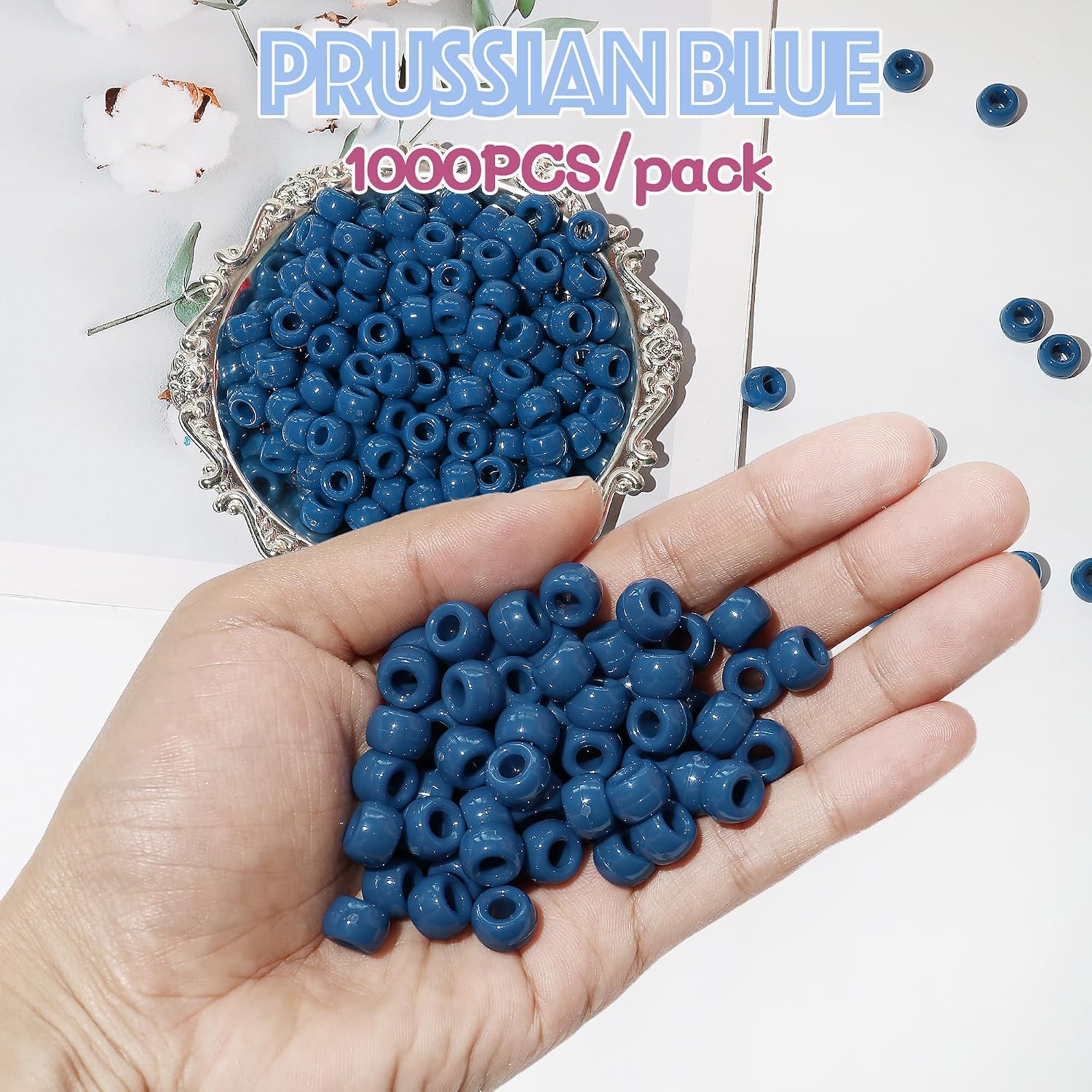 1000Pcs 6 * 9mm Plastic Pony Beads Bulk for Bracelets Making, Hair Beads,Kandi Charm for Craft（Prussian Blue）