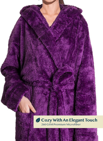 PAVILIA Womens Hooded Sherpa Fleece Robe, Long Plush Bathrobe Spa Housecoat