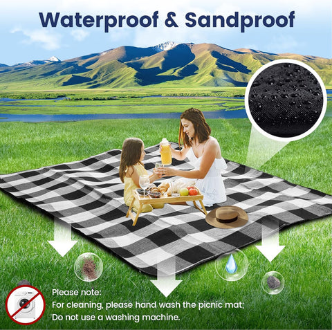 sapsisel 80”x 60” Picnic Blanket Extra Large, Waterproof Picnic Blanket Beach Blanket (Black & White Grids)
