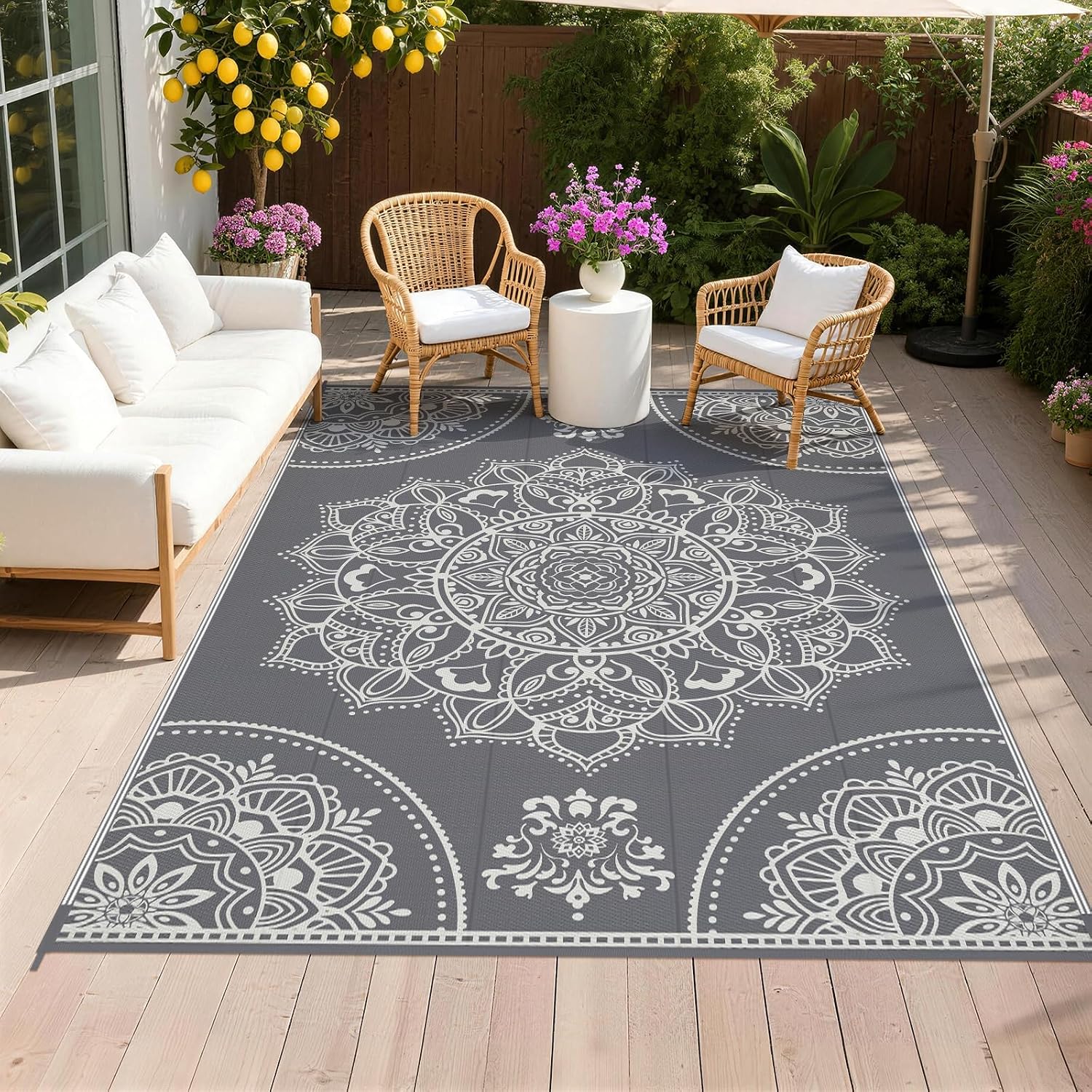 Pauwer Waterproof Outdoor Rug 6x9, Plastic Straw Patio Mat, Floral Grey