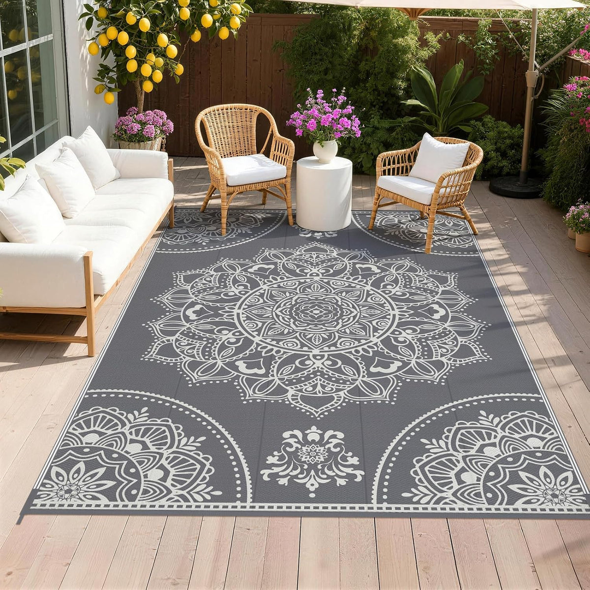 Pauwer Waterproof Outdoor Rug 6x9, Plastic Straw Patio Mat, Floral Grey