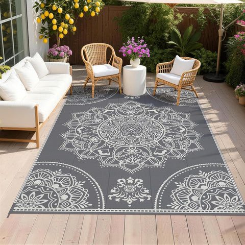 Pauwer Waterproof Outdoor Rug 6x9, Plastic Straw Patio Mat, Floral Grey
