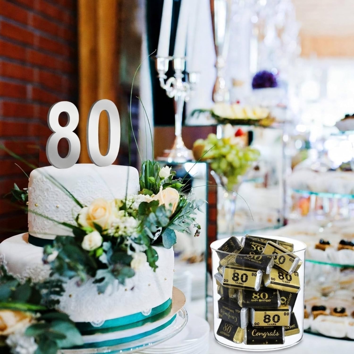 Tenare 90 Pcs 80th Birthday Candy Wrappers, Black and Gold Stickers