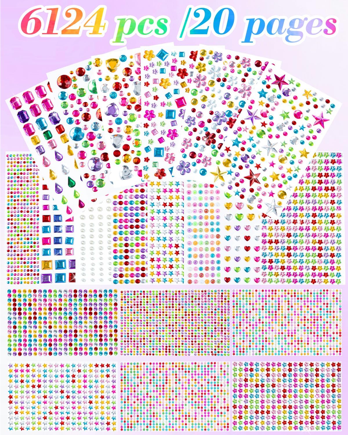 6124Pcs Gem Stickers-Self-Adhesive Face Jewelry Stickers, Acrylic Gems DIY Crafts, Sparkling Heart-Shaped Rhinestone for Kids, for Party & Holiday Supplies