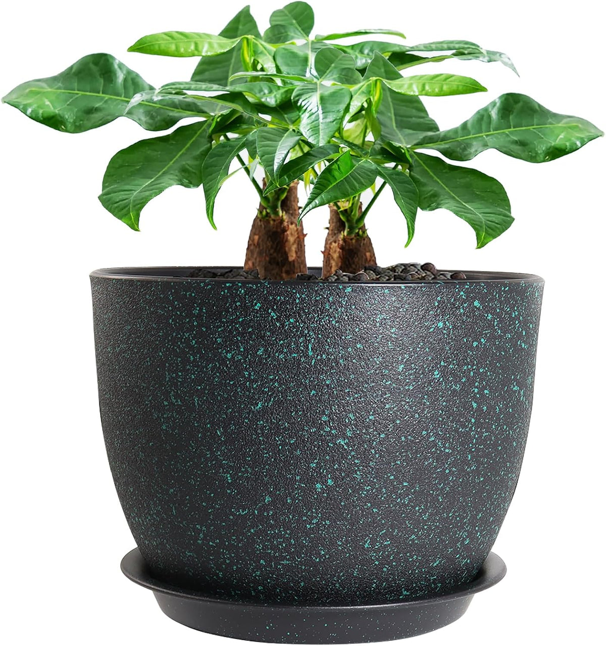 UOUZ 12inch Large Plant Pot, Modern Plastic Planter with High Driange Holes and Saucer for Indoor Outdoor Garden Plants and Flowers, Black with Green Speckles