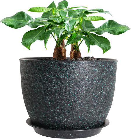 UOUZ 12inch Large Plant Pot, Modern Plastic Planter with High Driange Holes and Saucer for Indoor Outdoor Garden Plants and Flowers, Black with Green Speckles
