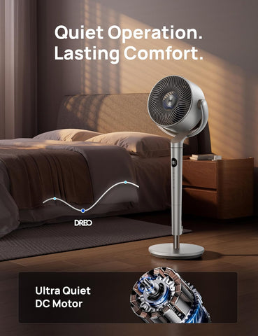 DREO Smart Fans for Bedroom, 120° +120° Omni-Directional Oscillating Fan, 100ft Quiet Pedestal Fan with RGB Light, 9 Speeds, 6 Modes, 8H Timer, Wi-Fi/Voice, 35-40" Floor Fans with Remote, Silver