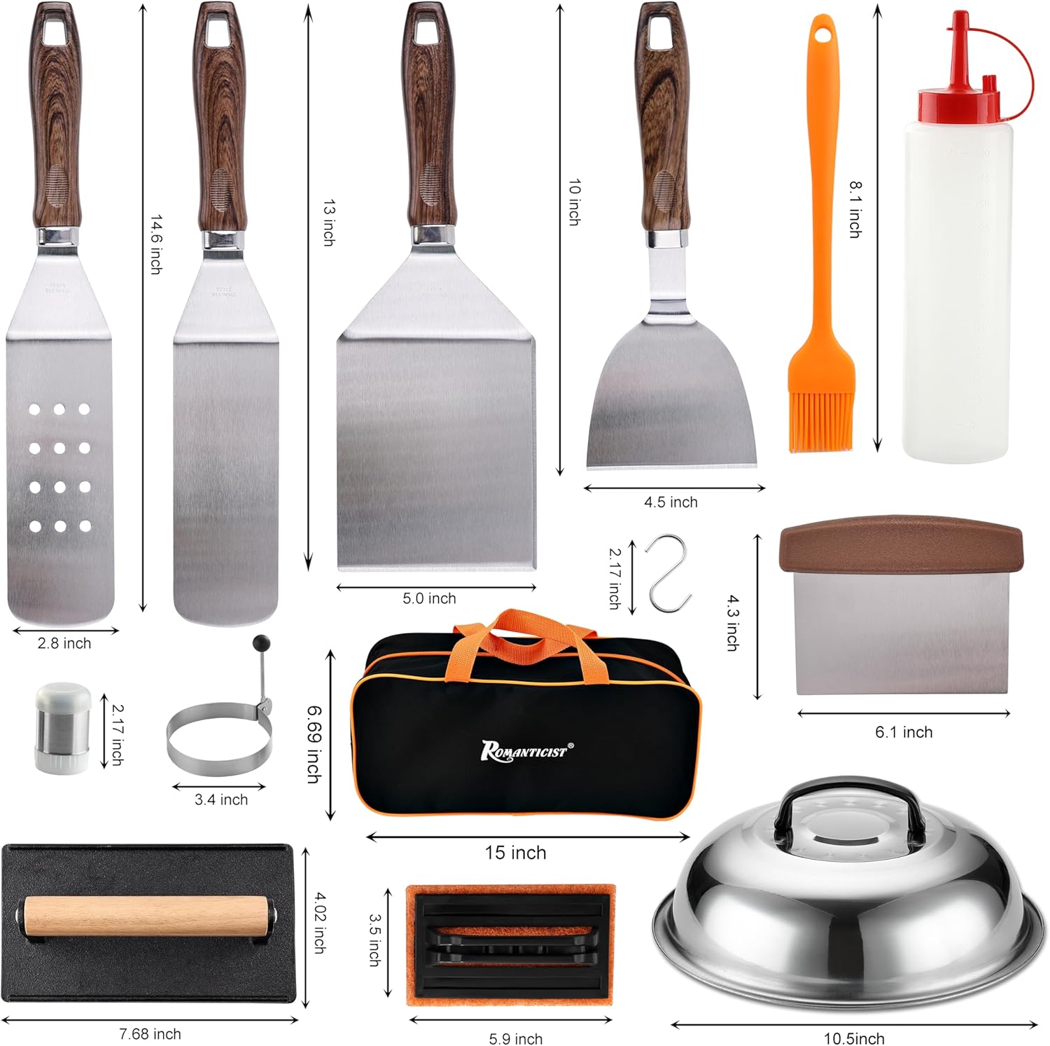 ROMANTICIST 29PCS Griddle Accessories Set - Flat Top Teppanyaki Spatula Set with Scraper, Basting Cover for Camp Chef- Home Cooking Griddle and Outdoor BBQ Gifts for Father's Day