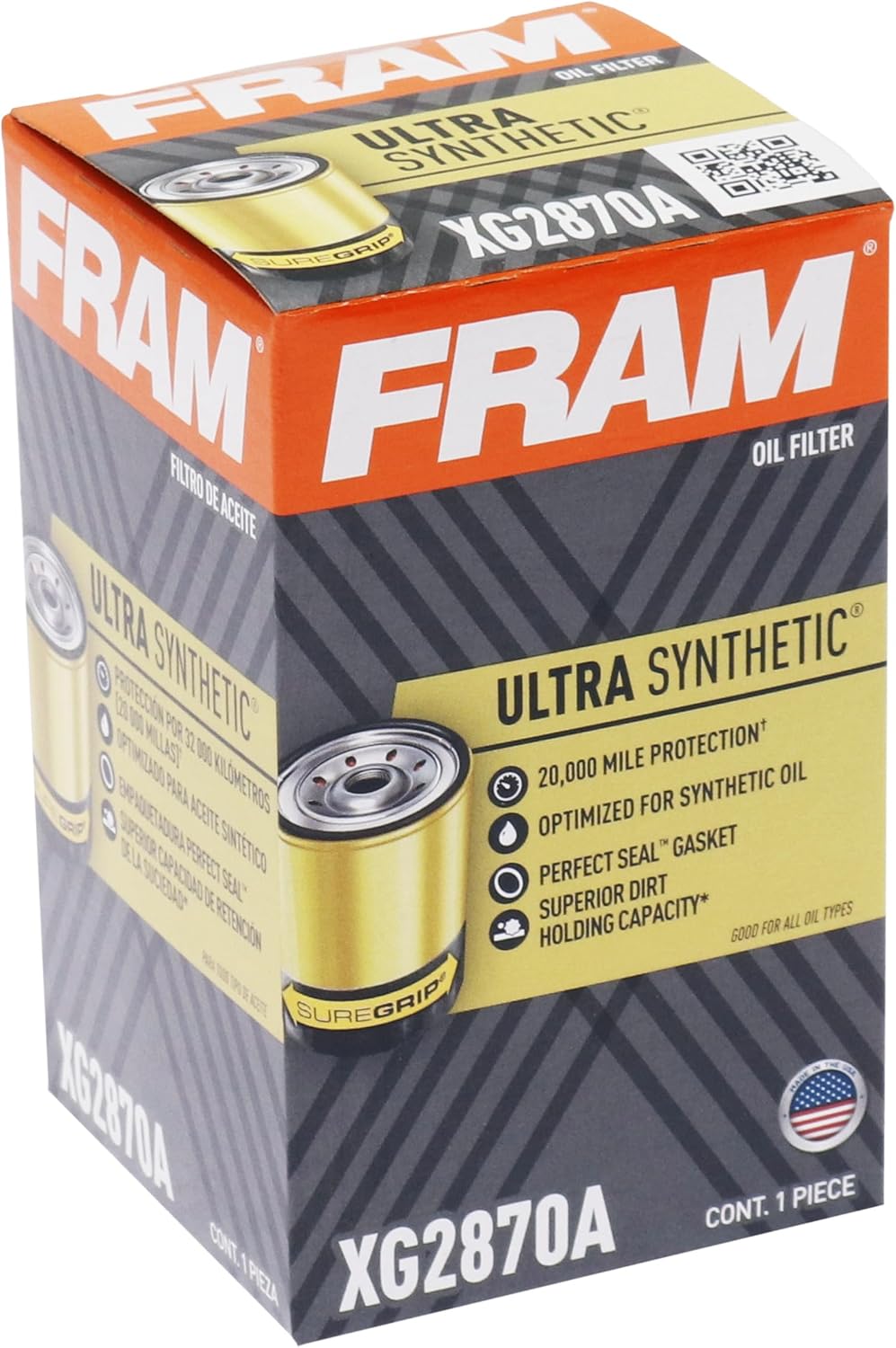 FRAM Ultra Synthetic Automotive Replacement Oil Filter, Designed for Synthetic Oil Changes Lasting up to 20k Miles, XG2870A with SureGrip (Pack of 1)