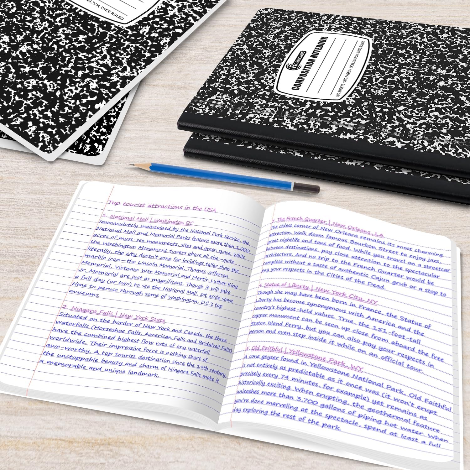 Rosmonde 1000 Pack Composition Notebooks Bulk, Wide Ruled, Black Marble