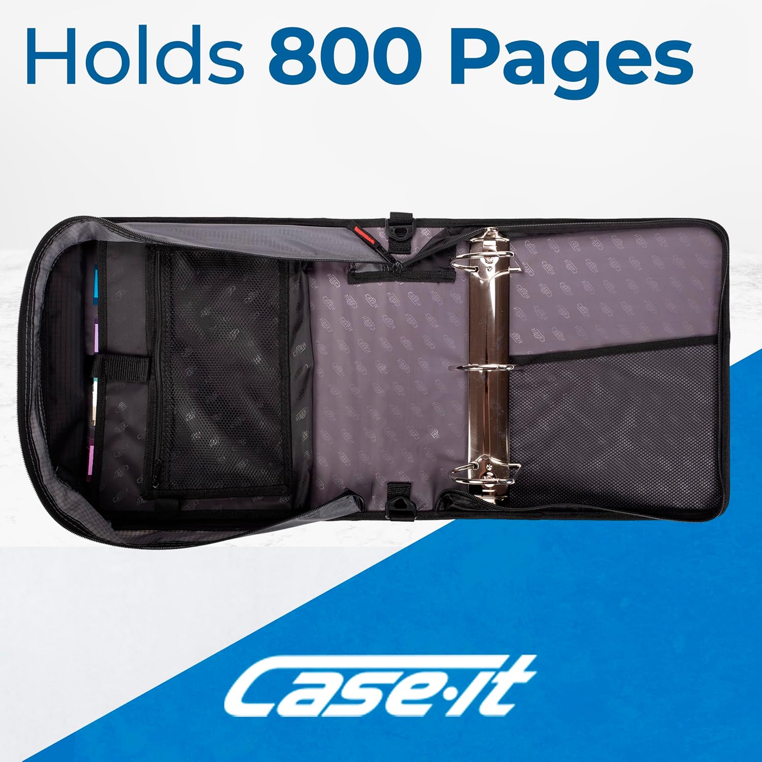 Case-it School Zipper Binder | 4-Inch D-Rings | 800-Sheet | D-186 Jet Black | King Sized Zip Tab, 5-Subject Expanding File Folder, Multiple Pockets, Storage Organizer, Shoulder Strap, Office