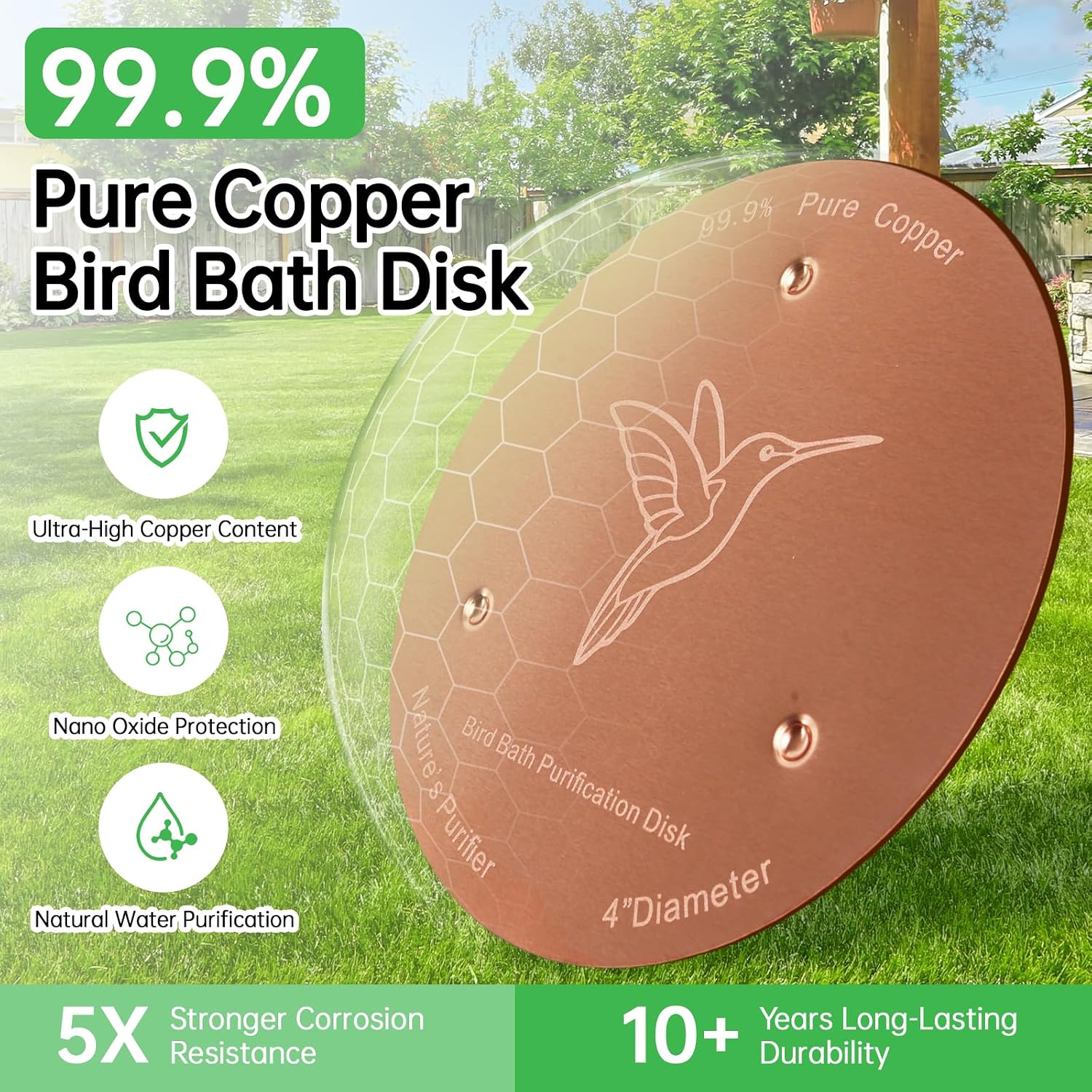2 Pack Bird Bath Copper Discs, 99.9% Pure Copper Cleaner with Triple-Point Support, Reinforced Design for Safe Clean Water, Universal Fit for Outdoor Birdbaths and Bowls, All-Season Use