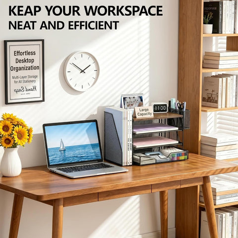 OPNICE Desk Organizers and Accessories, 4-Tier Desktop File Organizer with Drawer and Pen Holders, Office Desk Accessories Workspace Organizers for Office Supplies (Brown)