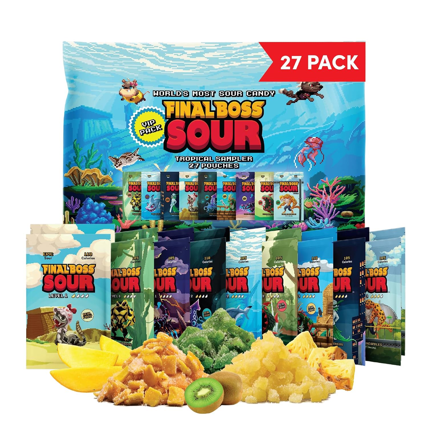 Final Boss Sour Fruit Candy, Strawberry & Mango, Level 2, 4 Pack