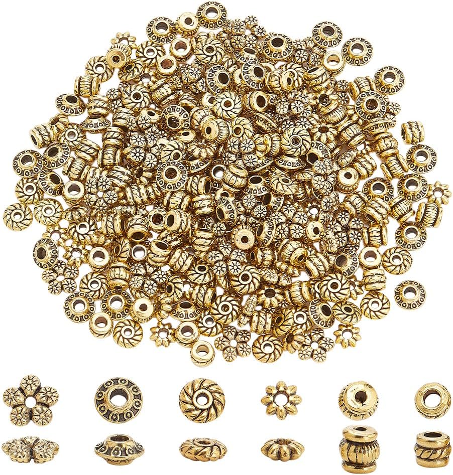 PH PandaHall 300pcs Tibetan Spacer Beads, 6 Style Antique Golden Spacers Alloy Metal Tube Beads Flower Flat Rondelle Small Loose Beads for Bracelet Necklace Earring Jewelry Making Supplies