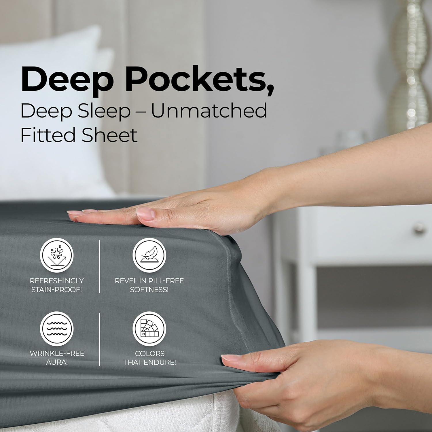 Queen Fitted Sheet, Ultra Soft Fits Up to 15 Inch Deep Pocket, Grey