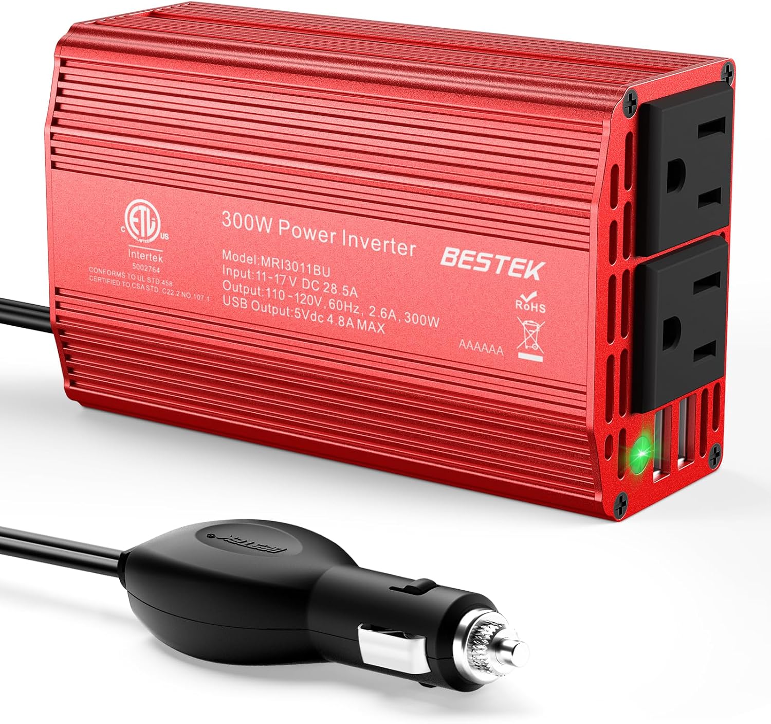 BESTEK Power Inverter DC 12-17V to AC 110V - 300W Car Plug Adapter Outlet